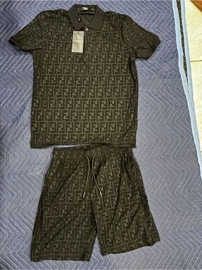 Fendi Black Monogram Polo & Drawstring Shorts Set - mean